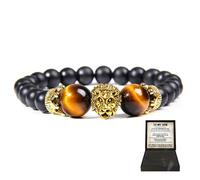 Lion Head Bracelet for Son - Symbol of Strength & Power, Tiger Eye Elastic Black Beaded Natural Stone Protection Bracelet for Men, To My Son Jewelry from Dad (Yellow Tiger Eye/Gold Lion Head)