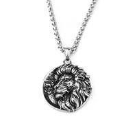 Lion Head Medallion Pendant for Men Punk Lion Mane Necklace, Gothic Lion Totem Necklace Men’s Masculine Lion Animal Jewelry Rock Lion Head Circle Charm Necklace