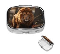 Lion Image Pill Case with Mirror Retro 2 Compartment Pill Box Small Pill Organizer for Purse or Pocket Decorative Metal Medicine Vitamin Organizer Unique Gifts