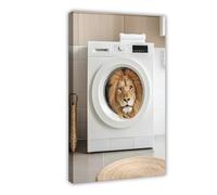 Lion in A Washing Machine, Funny Bathroom Wall Art, Cute Laundry Room Decor, Funny Animal Photo Art, Retro Lion Print, Ai Art-1