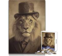 Lion in Suit Vintage 1000 Piece Jigsaw Puzzles for Adults Creative Problem Solving Game Heartfelt Memorable Gift Idea Size 38x52cm