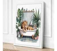 Lion in the Bath Whimsical Canvas Wall Art Print 24x16 Inch (61 x 41 cm)