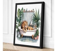 Lion in the Bath Whimsical Canvas Wall Art Print 24x16 Inch (61 x 41 cm)
