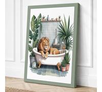 Lion in the Bath Whimsical Canvas Wall Art Print 36x24 Inch (91 x 61 cm)