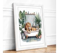 Lion in the Bath Whimsical Framed Wall Art Print A2 (59.4×42cm) White, Wall Decor for Living Room, Bedroom, Office & Home, Ready to Hang, Art Gift