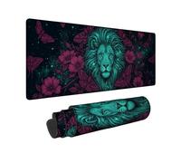 Lion Large Mouse Pad, Bohemian Mystical Flowers Moths N/a Turquoise Rubber Smooth Desk Aesthetic Long Pad Mat Desk Accessories for Gaming Computer Laptop 12x32 Inch