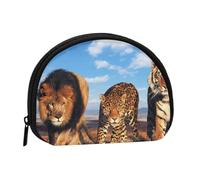 Lion Leopard and Tiger Fight for Food Printed, Women's Storage Bag Shell Makeup Bag Small Coin Purse Shell Change Pouch