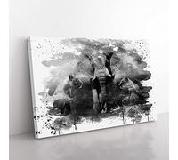 Lion Lionesses and an Elephant V4 Modern Canvas Wall Art Print Ready to Hang, Framed Picture for Living Room Bedroom Home Office Décor, 50x35 cm (20x14 Inch)