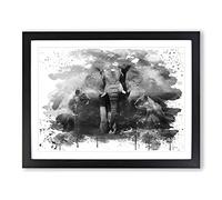 Lion Lionesses and an Elephant V4 Modern Framed Wall Art Print, Ready to Hang Picture for Living Room Bedroom Home Office Décor, Black A4 (34 x 25 cm)