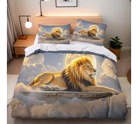 Lion Moon Single Duvet Cover Set 150x200 cm with 2 Pillow Cases 50x75 cm 3D Print Lion Animal Bedding Set Microfibre Machine Washable with Hidden Zip Corner Ties Children's Rooms Dorms Beds