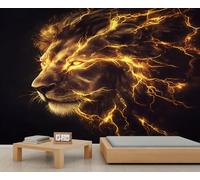 Lion Mural Golden Lightning Lion Wall Mural Fantasy Animal Murals 3D Cartoon Animal Children's Wallpaper Wildlife Murals for Bedroom Living Room Kitchen 200 x 140 cm