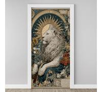 Lion Myths Animal Door Mural, Sun Flower Plant Astrology Murals Stickers 90x200 cm, Retro Art Nouveau 3D Door Stickers Vinyl Self-Adhesive Peel and Stick Bedroom Living Room Door Decoration A5j53