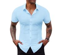 Lion Nardo Stretch Dress Shirts for Men Short Sleeve Slim Fit Casual Button Down Shirts Muscle Fit Men's Dress Shirts, Baby Blue, S