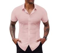 Lion Nardo Stretch Dress Shirts for Men Short Sleeve Slim Fit Casual Button Down Shirts Muscle Fit Men's Dress Shirts, Light Pink, Medium