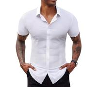 Lion Nardo Stretch Dress Shirts for Men Short Sleeve Slim Fit Casual Button Down Shirts Muscle Fit Men's Dress Shirts, All White, XL