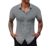 Lion Nardo Stretch Dress Shirts for Men Short Sleeve Slim Fit Casual Button Down Shirts Muscle Fit Men's Dress Shirts, Silver Grey, S