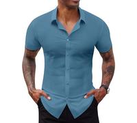 Lion Nardo Stretch Dress Shirts for Men Short Sleeve Slim Fit Casual Button Down Shirts Muscle Fit Men's Dress Shirts, Denim Blue, Large