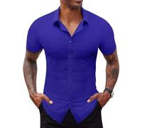Lion Nardo Stretch Dress Shirts for Men Short Sleeve Slim Fit Casual Button Down Shirts Muscle Fit Men's Dress Shirts, Klein Blue, XL