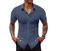 Lion Nardo Stretch Dress Shirts for Men Short Sleeve Slim Fit Casual Button Down Shirts Muscle Fit Men's Dress Shirts, Greyish Blue, S