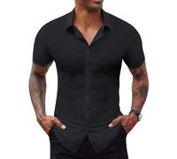 Lion Nardo Stretch Dress Shirts for Men Short Sleeve Slim Fit Casual Button Down Shirts Muscle Fit Men's Dress Shirts, Black, Medium