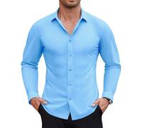 Lion Nardo Stretch Mens Dress Shirts Slim Fit Muscle Dress Shirts for Men Long Sleeve Wrinkle Free Button Down Shirt, Ice-blue, Large