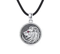 Lion Necklace 925 Sterling Silver Animal Lion Head Necklace with Pink Cubic Zirconia Round Pendant Viking Amulet Lion Jewellery Gift for Men Women