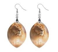 Lion of Judah And Three Crosses Women Dainty Drop Apricot Shaped Earring | Lightweight Earrings,Wooden Dangle Jewelry,Stylish Party Accessory