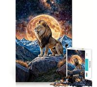 Lion on Rock with Moon And Stars Jigsaw Puzzle for Adults 1000 Pieces Cognitive Train Clear Tone Pattern Assemble Birthday Art Gift (50x75cm)
