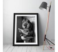 lion on toilet reading newspaper Stunning Framed Wall Art Print Picture - A2 - Black Frame