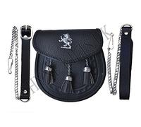 Lion Rampant Black Leather Sporran 3 Tassels Chrome Leather Sporran