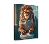 Lion Read Newspaper Posters Prints 1P Animals Wearing Glasses Sit on Toilet Canvas Wall Art Cute Modern Pictures Artwork for Living Room Bedroom Home Decor Framed Gallery-Wrapped Ready to Hang