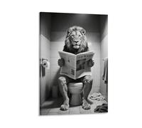 Lion Reading A Newspaper on Toilet Abstract Black And White Bathroom Wall Art Funny Lion Bathroom Poster Vintage Canvas Wall Art Print living Room Aesthetic Apartment Decor Gift 12x18inch Frame