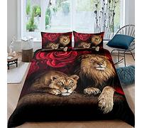 Lion Rose Duvet Cover Sets Single Size Animal Floral Print Comforter Cover Nature Theme Design Bedding Set For Kids Youth Adult Modern Brown Lion Quilt Cover Decor Room