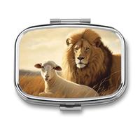 Lion Sheep Pill Box - 2 Compartment Travel Pill Organizer with Small Mirror, Portable Pillcase for Pocket & Purse, Cute Square Medicine Case, Weekly Medicine Container