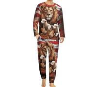Lion Sheep U.S.A. Flag Men's Pajama Suit Cozy Sleepwear Long Sleeve Top & Bottom Pant PJ Set Nightwear