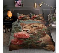 Lion Single Duvet Cover Set - 110g Microfiber Bedding Sets Peony Reversible Patterned Quilt Cover Set 3 Pcs with Zipper Closure and 2 Pillowcases 50x75, Soft Easy Care