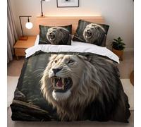 Lion Single Duvet Cover Set 150x200 cm with 2 Pillow Cases 50x75 cm 3D Print Lion Animal Bedding Set Microfibre Machine Washable with Hidden Zip Corner Ties Children's Rooms Dorms Beds