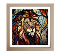 Lion Stained Glass Effect Framed Print | 18x18 Inch Oak Framed Wall Art | Ready to Hang | Modern Animal Picture | Living Room Bedroom Lounge Office