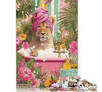 Lion Taking A Bath Wooden Jigsaw Puzzles 300 Pieces for Adults Fun Stress Relief Toy Intellectual Game Education Game Home Decoration Relaxation And Intelligence 300pcs (40x28cm)