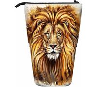 Lion Telescopic Pencil Stationery Case Pens Storage Box with Zipper Closure for Women Men Boys Girls King Face Head Animal Wild Cool Nature Acrylic Leo Furry Carnivore