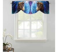 Lion Tie Up Valances Curtain, Watercolor Roaring Lion Fantasy Universe Planet Forest Tree Adjustable Rod Pocket Short Window Treatment Tie Up Curtains Valances for Kitchen Bathroom 42x18 Inches