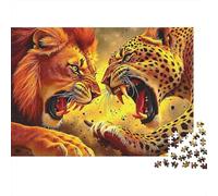Lion Vs Leopard Fight 1000 Piece Jigsaw Puzzle for People with Lion Leopard Stress And Anxiety Classic Educational Games Recycled Cardboard 38x26cm/1000pcs