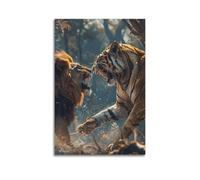 Lion Vs Tiger Battle Wall Art, Wildlife Poster, Dynamic Print, Fierce Canvas Picture Artistic Wall Mural Modern Hanging Decor Poster16x24inch(40x60cm)