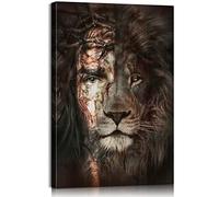 Lion Wall Art Canvas Print - Jesus Wall Art - Religious Poster - 16"x24" with Inner Wooden Frame - Lightweight & Easy to Hang - Christian Paintings for Home Prayer Rooms, Living Room - Jesus Christ