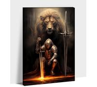 Lion Wall Art - Jesus Warrior Canvas Wall Art For Men's Room Decor, Cool Lion And Knight Pictures Wall Decor For Men's Office, Framed 28X40 Inches