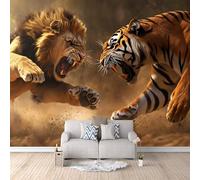 Lion Wall Mural Ferocious Animals: Tigers and Lions Photo Wallpaper 3D Wall Mural for Livingroom Bedroom, Non-Woven Wall Paper, Decor Poster Picture Mural 200 × 140 cm / 78.7" × 55.1"