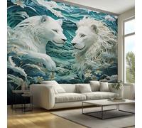 Lion Wallpaper - 3D Ocean Wave Wall Paper, Lion Home Decor, Non-Woven Waterproof Print Wallpapers for Bedroom Living Room, Feature Walls Mural 450x315 cm - RvX36