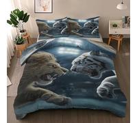 Lion White Tiger Duvet Cover Queen Size, Fierce Animal Quilt Cover Set, Fantasy Animal 3 pcs Bedding Set with 8 Corner Ties and 2 Pillowcases, Wildlife Quilt Cover Wrinkle-free