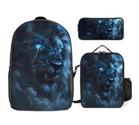 Lion Wild Animal Print 3 Pieces Set Laptop Backpack Casual Daypack with Lunch Box Pencil Case for Travel