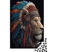 Lion with Headdress Jigsaw Puzzles. 70x50cm/1000pcs Native American Style Art Whimsical Challenge Toy for Educational Games Gifts